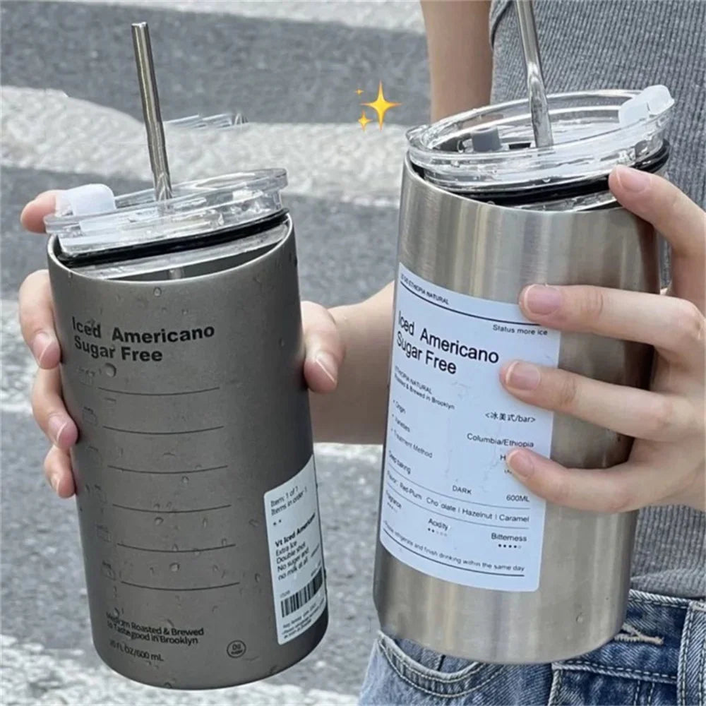 Portable 600ml Thermos Cup 304 Stainless Steel Coffee Mug Thermal Leak-proof Water Bottle with Straw Insulated Bottle Drinkware Quick Pick Grocers